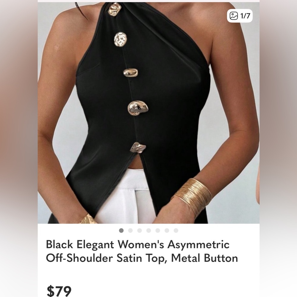 Black Elegant Women's Asymmetric Off-Shoulder Satin Top, Metal Button